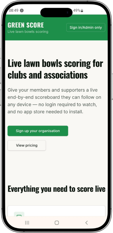 Green Score live scoreboard on a phone